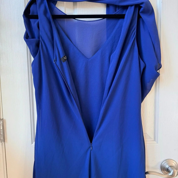 Ralph Lauren Black Label Chiffon Cape-Overlay mesh Jersey Dress sz 12 Large blue - Picture 13 of 15